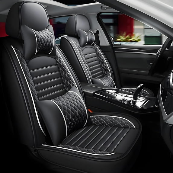 WRWolf Seat Covers for Kia Soul 2010-2025 | 5-Seats Leather Seat Covers, Easy to Install Automotive Seat Covers Full Set (Full Set, Black&White)