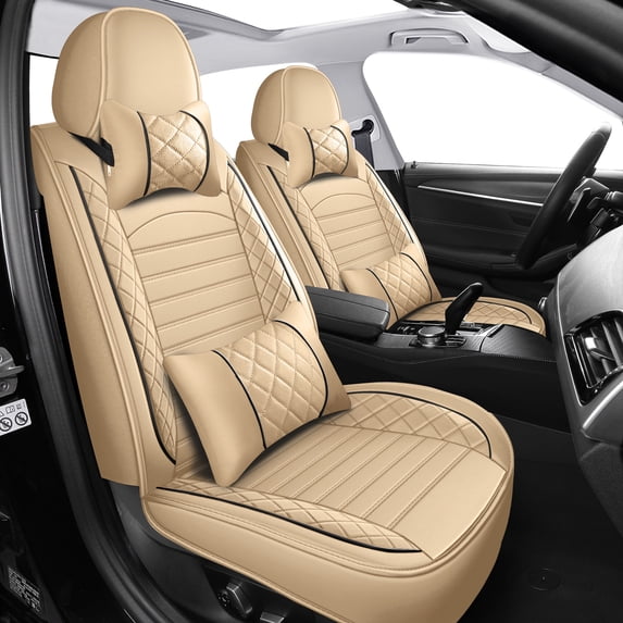 WRWolf Universal SUV Sedan Truck Crew Cab Car 5-Seat Covers Front & Rear Full Set PU Leather Breathable Waterproof Seat Cushion Protector,Beige