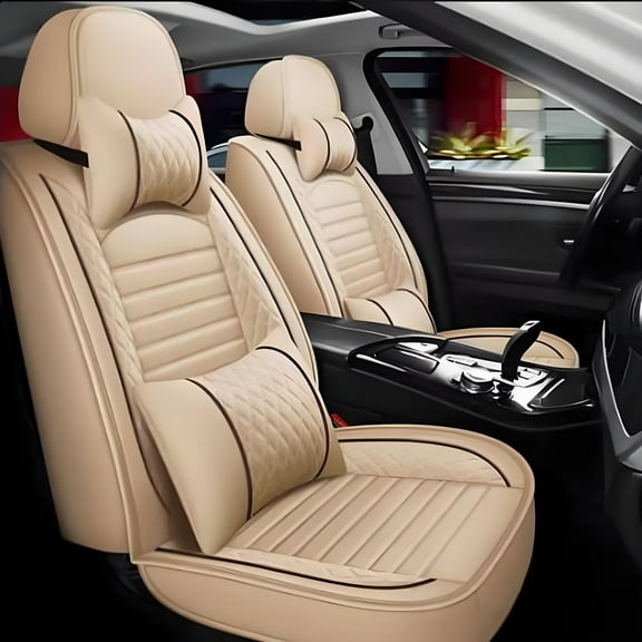 WRWolf Universal SUV Sedan Truck Crew Cab Car 5-Seat Covers Front & Rear Full Set PU Leather Breathable Waterproof Seat Cushion Protector,Beige