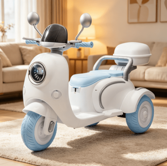 WRXELAN 12V 2-Motor Kids Ride-On Motorcycle – 3-Wheel Electric Toy w/ Music, Bluetooth, USB, LED Headlight, Flip-Up Rear Adult Seat, Storage Hooks & Oversized Trunk – Blue, for Ages 3-6
