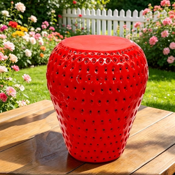 WRXELAN 13.39-inch Red Strawberry Stool (Side View), Strawberry Side Table Garden Sculpture, Indoor and Outdoor Decor