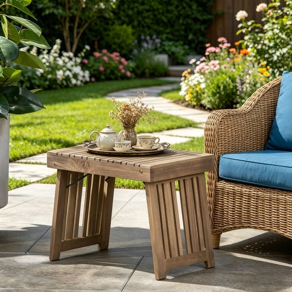 WRXELAN 16Outdoor Folding Side Table, Foldable Patio Acacia Wood End Table with Slatted Tabletop & Leg Frame, Small Outside Table for Backyard Poolside Porch (Grey Finish)