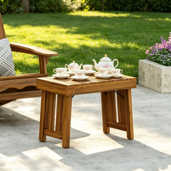 WRXELAN 16Outdoor Folding Side Table, Foldable Patio Acacia Wood End Table with Slatted Tabletop & Leg Frame, Small Outside Table for Backyard Poolside Porch (Teak Finish)