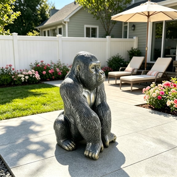 WRXELAN 26.4in Gorilla Statue Garden Decor Outdoor Large Resin Silverback Ape Sculpture, Lifelike Wildlife Animal Figurine for Patio Yard Lawn Home Decoration, Weather Resistant
