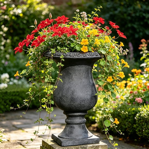 WRXELAN 26-Inch Extra Large MGO Urn Planter, Patio Planter, Mid-Centry Gadern Urn, Large Garden Pot, Floral Relif Design, Flower Urn with Drainage Hole for Backyard Home, AntiqueBlack