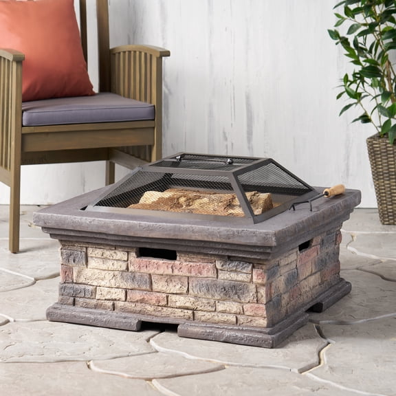 WRXELAN 29" Square Wood Burning Fire Pit, MgO Outdoor Fire Bowl for Patio, Backyard & Garden, Durable Lightweight Concrete-Style