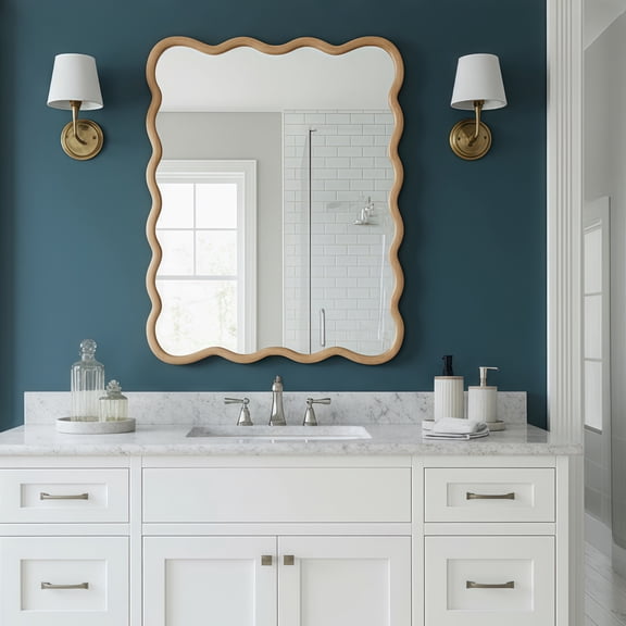 WRXELAN 30x40-inch Natural-Style Rectangular Wall Mirror Wooden Wavy-Pattern Bathroom Mirror Rustic Country-Style Vanity Mirror Perfect for entryways and living rooms, natural wood finish