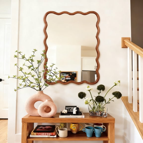WRXELAN 30x40-inch White Rectangular Wall Mirror Wooden Wavy-Pattern Bathroom Mirror, Rustic Country-Style Vanity Mirror, Perfect for Entryways and Living Rooms, Yellow Brown