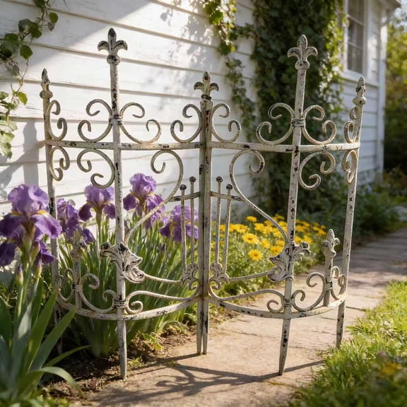 WRXELAN 31.1-inch Wrought Iron Garden Fence Panel with Vintage Green Trim, Includes Ground Stakes; Rustic-Style Metal Garden Fence, Ideal for Plants, Flowers, Pathways, and Landscape Trellises