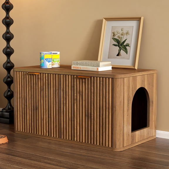 WRXELAN 31.5" Walnut Cat Litter Box Enclosure Furniture, Large Decorative Hidden Litter Box Cabinet, Fluted Mid Century Modern Kitty End Table for Living Rooms, Bedrooms, Entryways (Walnut)