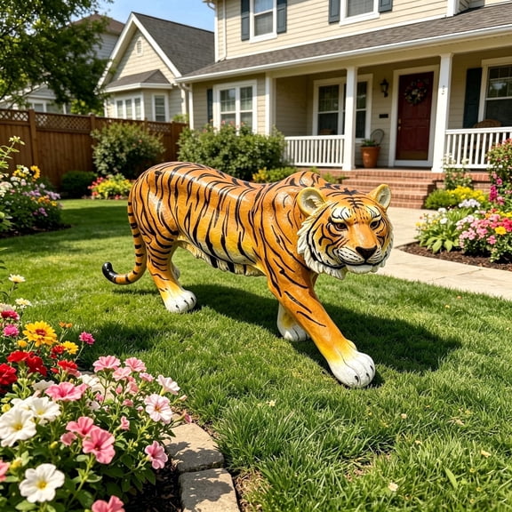 WRXELAN 33" Large Tiger Garden Statue - Fierce Walking Tiger Sculpture for Outdoor Patio & Pool Area, Hand-Painted Orange with Black Stripes(Orange-Tiger)