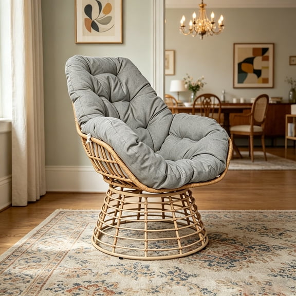 WRXELAN 360 Swivel Papasan Chair Outdoor Patio PE Rattan Lounge Chair with Soft Cushion for Apartment Balcony (Gray, 1PC)