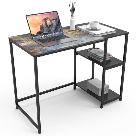 WRXELAN 40 Inch Computer Desk with 2-Tier Storage Shelves, for Home Office & Gaming, Small Spaces Desk for Bedroom/Office, Steel Legs, Rustic Oak & Black (220 lbs Load)