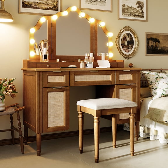 WRXELAN 44.37" Farmhouse Rattan Makeup Vanity Desk with Tri-Fold Lighted Mirror, 13 Hollywood Bulbs, 3 Color Temperatures, Charging Station, 5 Drawers & Shelves, Espresso Finish for Bedroom Dressing
