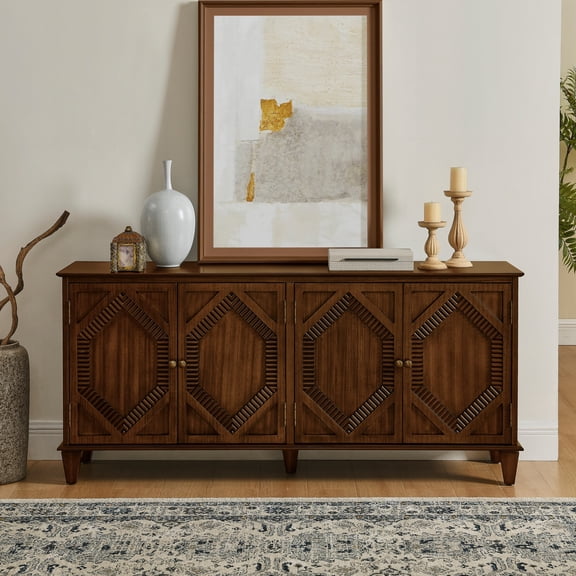 WRXELAN 65" Mid Century Sideboard Buffet Cabinet with Solid Wood Legs,Accent Storage Cabinet Credenza with 4 Doors for Living Room,Entryway,Kitchen(Walnut)
