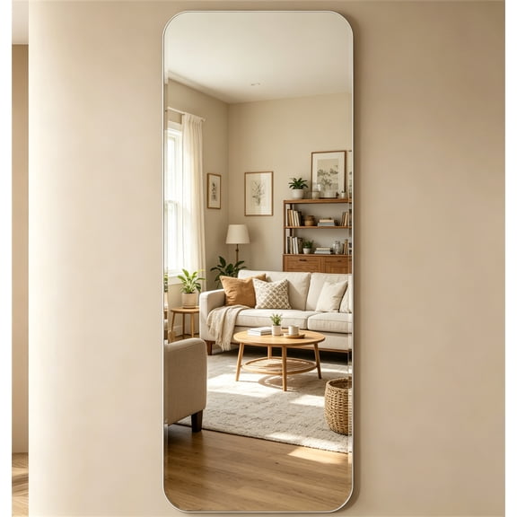 WRXELAN 65" x 24" Full Length Wall Mirror, Frameless rounded corner dressing mirror, Rounded Corner Rectangle Body Mirror for Floor and LeaningSilver+Clear