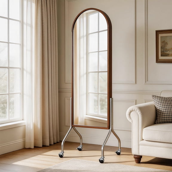 WRXELAN  Arched Full Length Mirror with Storage Shelves & Wheels - Rubber Wood Frame Floor Mirror, Freestanding Rolling Mirror with Cart, 2-in-1 Dressing Mirror & Bookcase for Bedroom Living Room