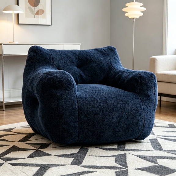 WRXELAN Bean Bag Chair for Adults, Bean Bag Sofa with Armrests Stuffed High-Density Foam, Lazy Sofa Comfy Chair for Living Room, Bedroom (Dark Blue + Teddy + Foam)