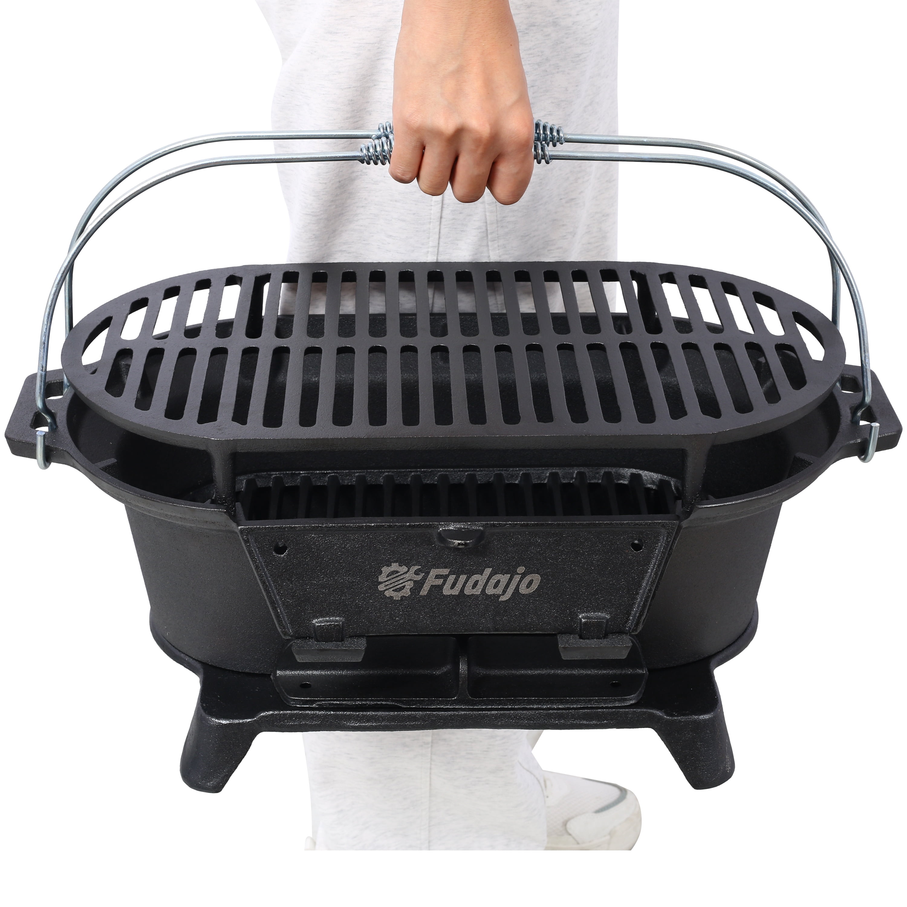 WRXELAN Cast Iron Hibachi Grill – Portable Charcoal BBQ for Outdoor Cooking, Durable Tabletop Skillet, Compact Camping Charcoal Cooker for Tailgating, Picnics & Hunting (Oval)