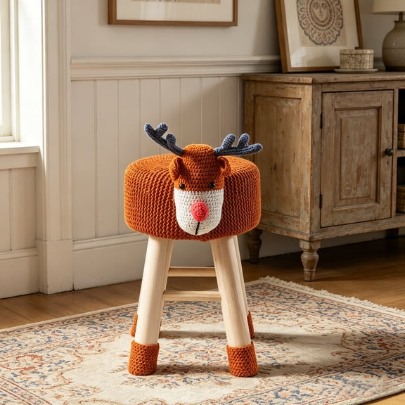 WRXELAN Children's Forest Deer-Print Stool, an animal-themed wooden footstool featuring soft velour fabric and sturdy pine legs, perfect for a playroom or living room, in chestnut brown