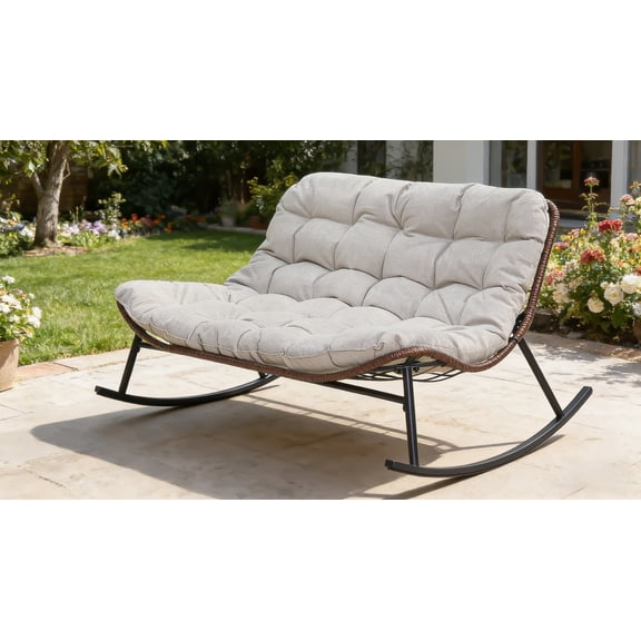 WRXELAN Double Egg Rocking Chair for 2, Oversized Rattan Recliner Loveseat with Padded Cushion, Heavy Duty Comfy Large Papasan Rocker for Reading Outdoor Patio Balcony Backyard Indoor, Beige