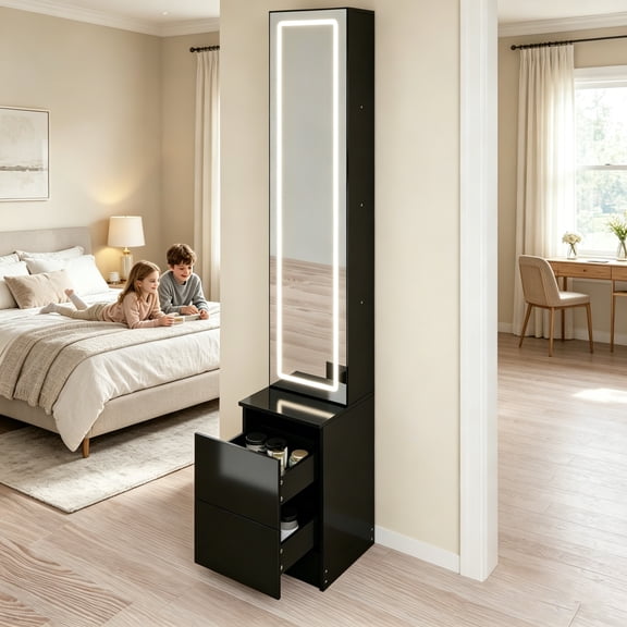 WRXELAN Full-Length Mirror with Storage, Freestanding Vanity Cabinet, 3-Color Adjustable LED Lighting, Features 2 Drawers and 4 Shelves, Makeup Storage Rack, Perfect Gift for Women and Girls (Black)