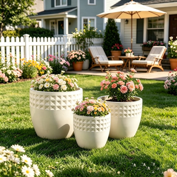 WRXELAN Handmade Ceramic Glazed Planter Set of 3, 15/12/9 Inch Large Plant Pots with Drainage Holes, Diamond Decorative Ceramic Pots for Indoor Outdoor Plants, Succulents & Home Decor, Ancient White