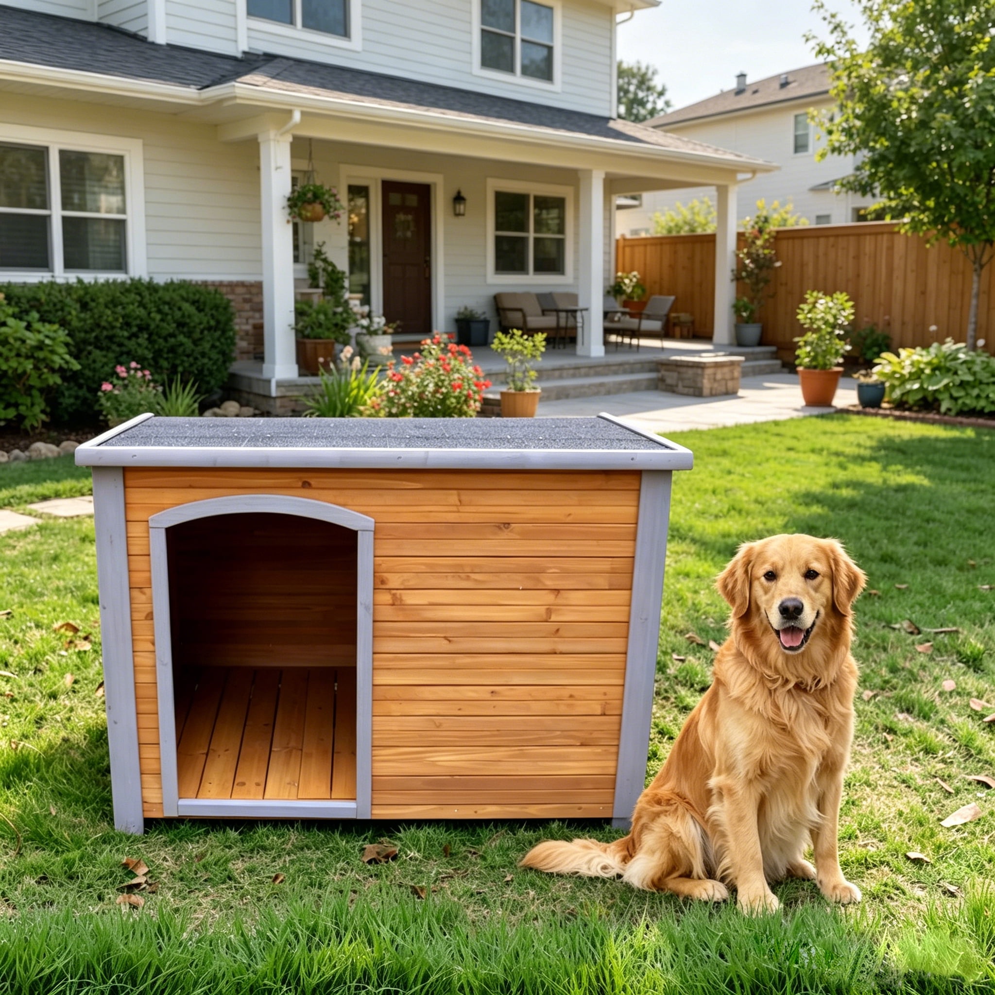 WRXELAN Indoor Outdoor Dog House, Anti-Chewing Iron Frame Dog Kennel, Wood Warm Pets Home, Weatherproof Outside Shelter for Feral Animal, 44.5"L x 31.9"W x 32.7"H, Brown