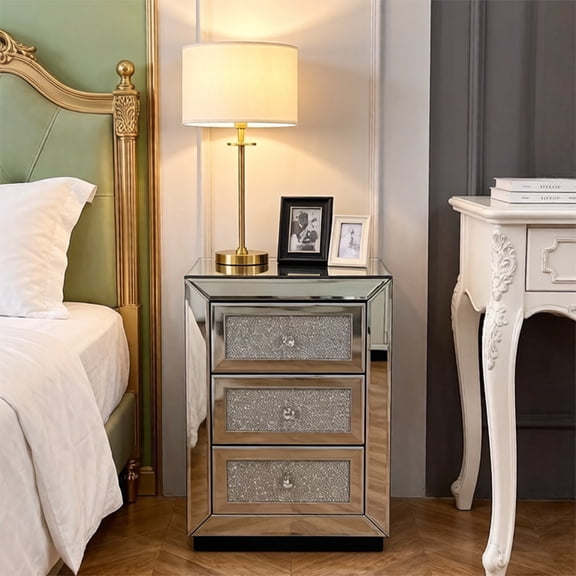 WRXELAN Mirrored End Tables with 3 Drawers, Mirrored Sofa Bedside Table and Accent Table, Smooth Mirror Finish with Crystal-Style Knobs for the Bedroom and Living Room