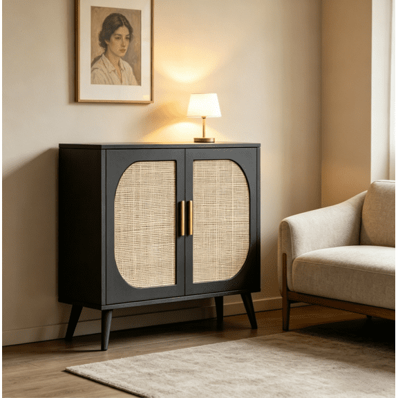 WRXELAN Rattan Buffet Cabinet with 2 Doors & 4 Compartments, Boho Sideboard with Adjustable Shelves & Solid Wood Legs, Accent Storage Cabinet for Living Room, Kitchen, Entryway, Hallway, Black, 1 PC