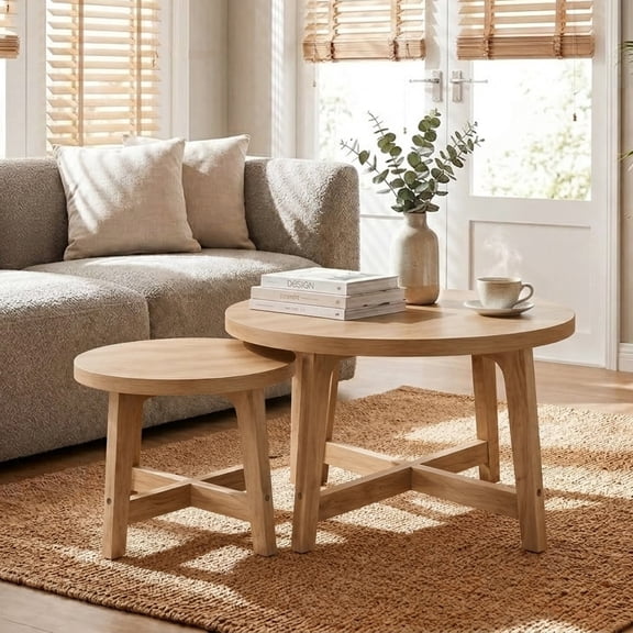 WRXELAN Round Nesting Coffee Table Set of 2, Wood Nesting End Tables with Thickened Top & Solid Rubber Wood Legs, Farmhouse Sofa Side Table for Small Spaces Living Room Bedroom (Natural)