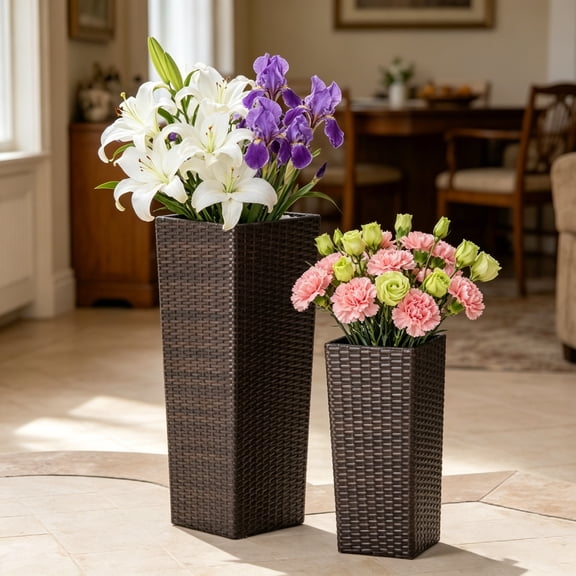 WRXELAN Set of 2 Tall Tapered Planters for Outdoor Plants 32" & 24" Decorative PP Flowerpots w/Inner Trays & Drainage Holes, Coffee Color for Porch, Patio, Garden, Backyard, Indoors & Outdoors