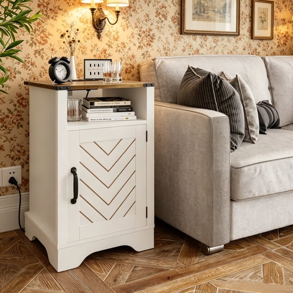 WRXELAN Tall Farmhouse Nightstand with Charging Station, White End Table with Storage, Large Wooden Rustic Bedside Table for Bedroom, Home Office, White and Rustic Oak