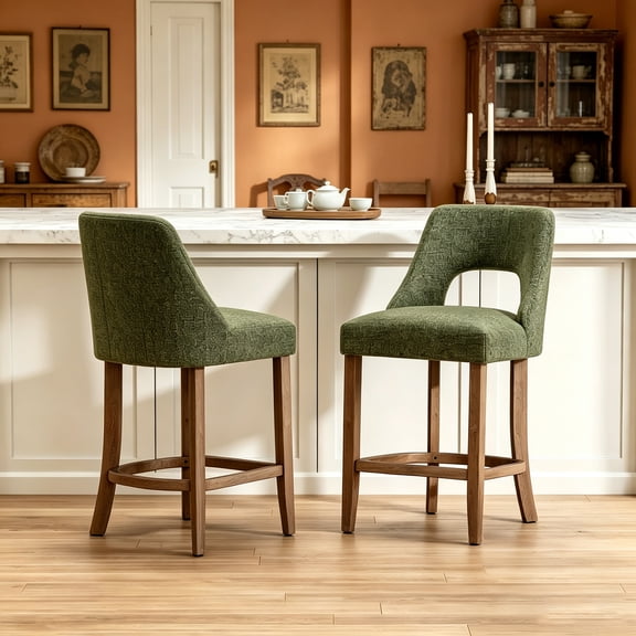 WRXELAN  Upholstered Counter-Height Bar Stools, Modern Counter Stools with Wooden Legs for Kitchen Islands, Dining Rooms, and Bars, Green/2PC
