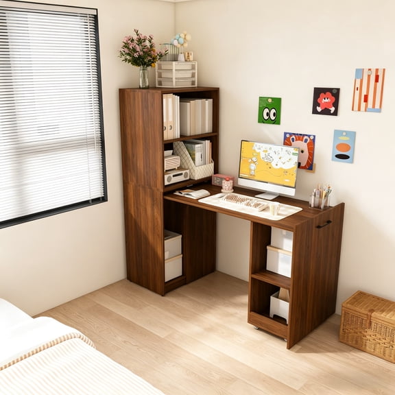 WRXELAN Wood Small Folding Desk with Storage Shelves & Bookcase(Walnut) | Expandable Hidden Computer Desk, Space-Saving Pull Out Murphy Table, Writing Table with Wheels for Home Office Bedroom