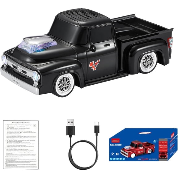 WS-538 Retro Pickup Replica Speaker - Portable Model Speaker with FM, TWS, LED Party Lights, USB/TF Playback, Built-in Microphone, Type-C, (Black)