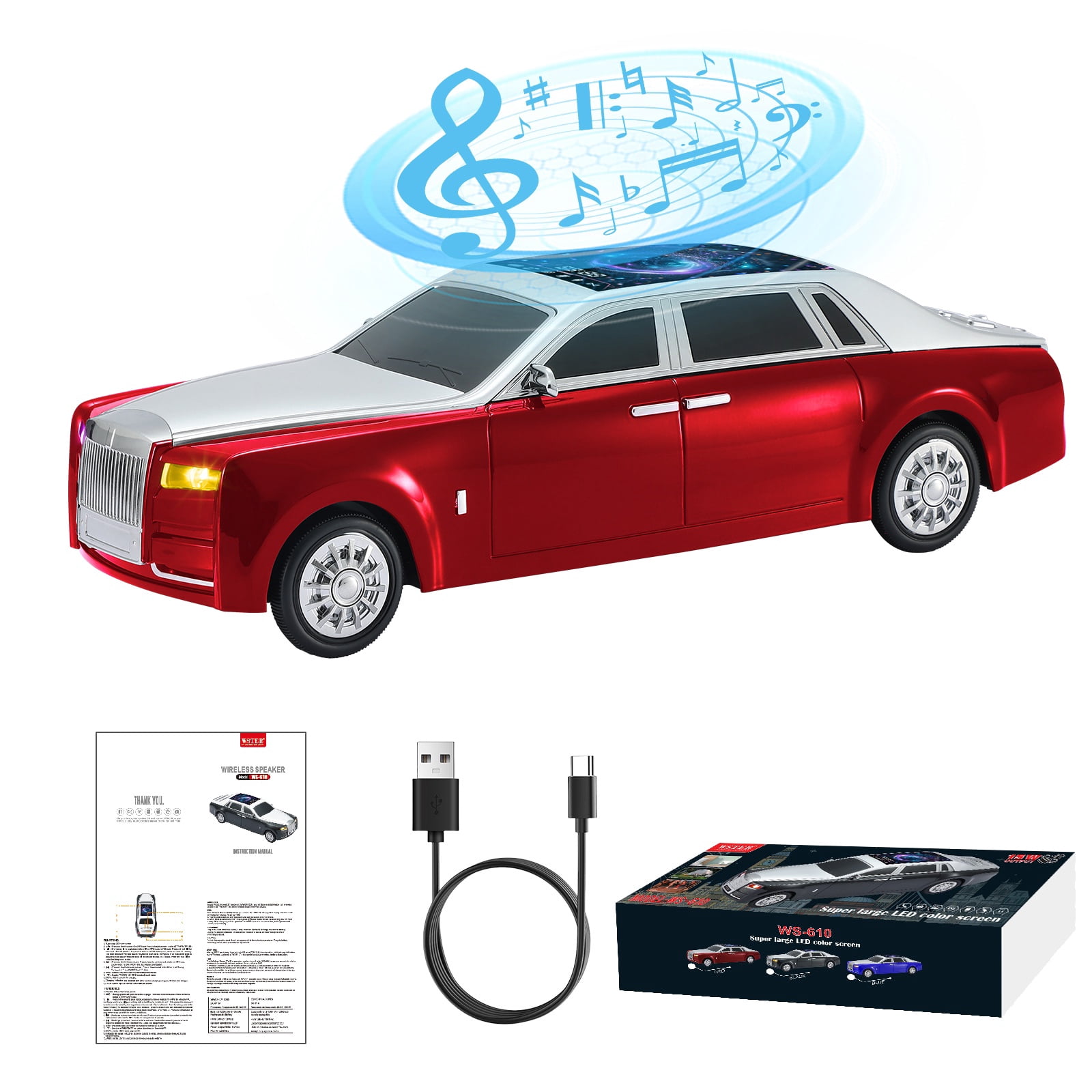 WSTER WS-610 Car Shaped Bluetooth Speaker, 15W Heavy Bass Portable Wireless Speaker with LED Lights, TWS, FM Radio, TF/USB, Bluetooth 5.4 for computer/Desktop ornaments/outdoor/party/Gift