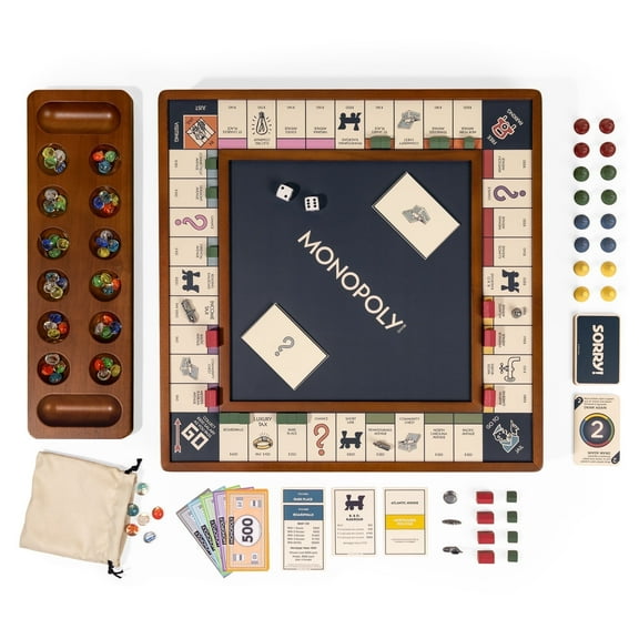 WS Game Company 3-in-1 Premium Game Collection: Monopoly, Sorry!, and Mancala with Solid Wood Cabinet