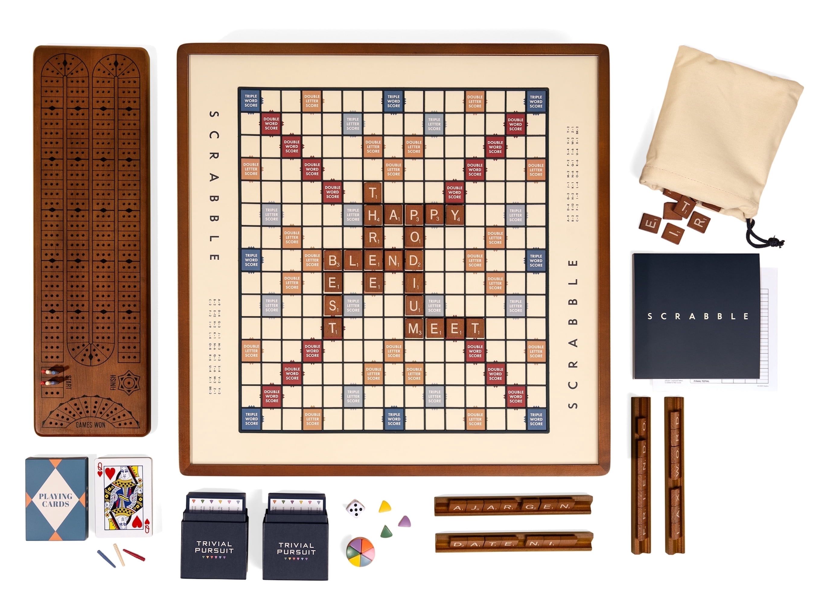 WS Game Company 3-in-1 Premium Game Collection: Scrabble, Trivial Pursuit, and Cribbage with Rotating Solid Wood Cabinet