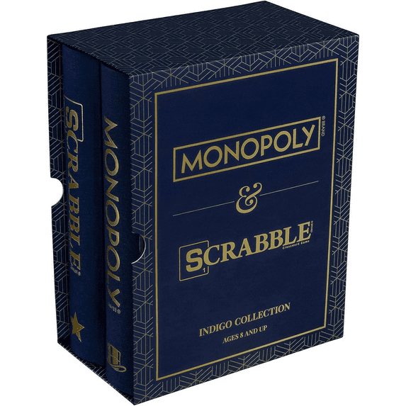 WS Game Company Monopoly and Scrabble Indigo Bookshelf Game Collection