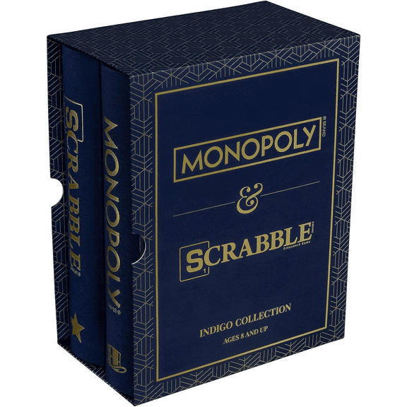 WS Game Company Monopoly and Scrabble Indigo Bookshelf Game Collection