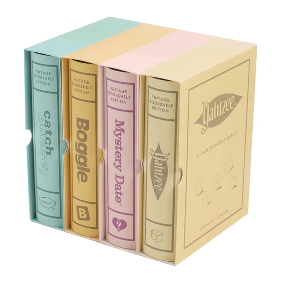 WS Game Company Boggle, Catch Phrase, Mystery Date, and Yahtzee Vintage Board Game Bookshelf Collection