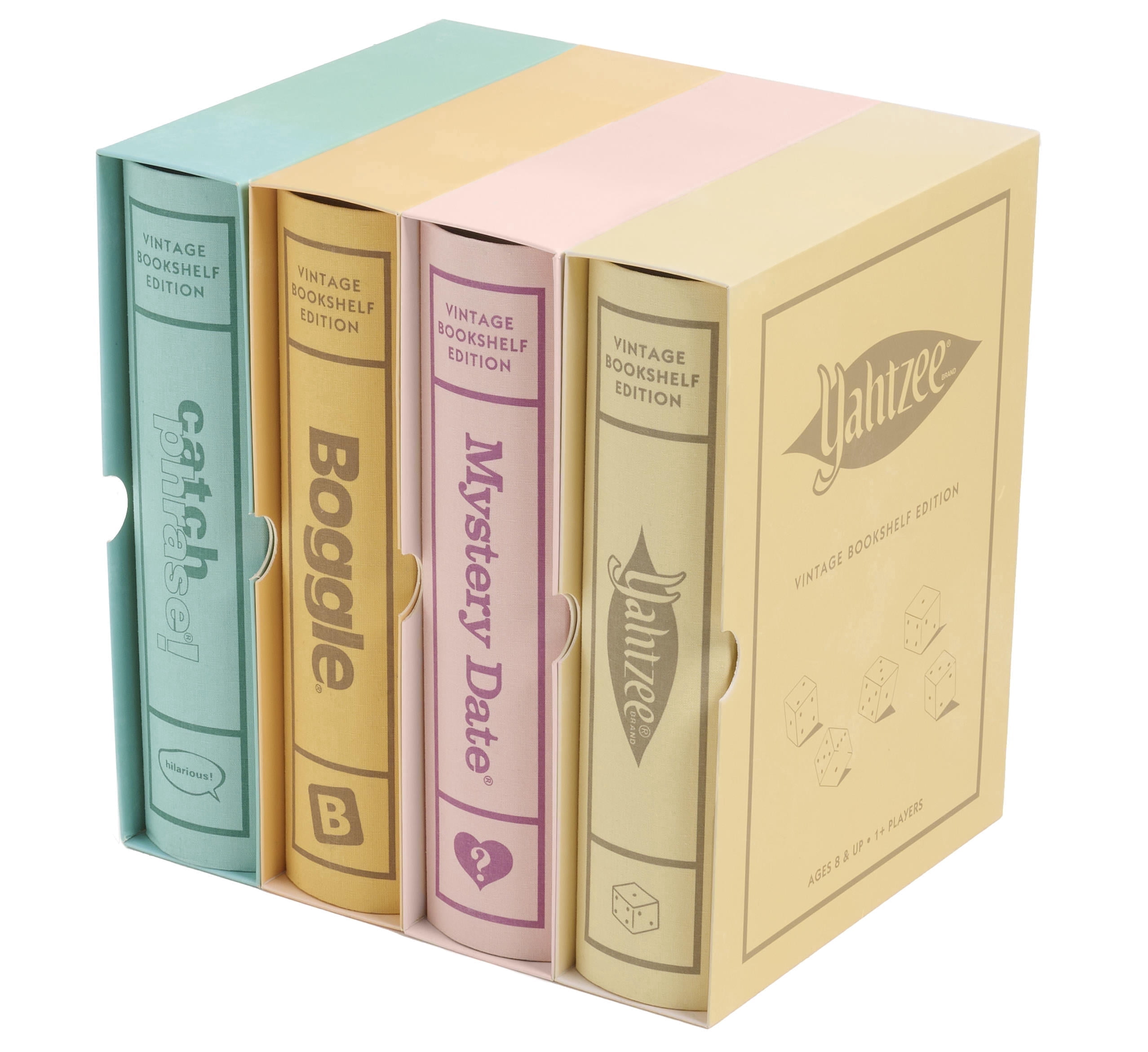 WS Game Company Boggle, Catch Phrase, Mystery Date, and Yahtzee Vintage Board Game Bookshelf Collection