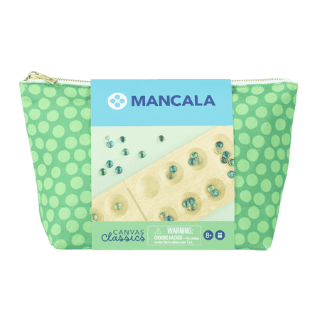 WS Game Company Canvas Classics Mancala Wooden Travel Board Game Set with Folding Wood Board, Glass Stones, Zippered Canvas Pouch, Classic Counting Strategy Game, 2 Players, Adults and Kids 8 and Up