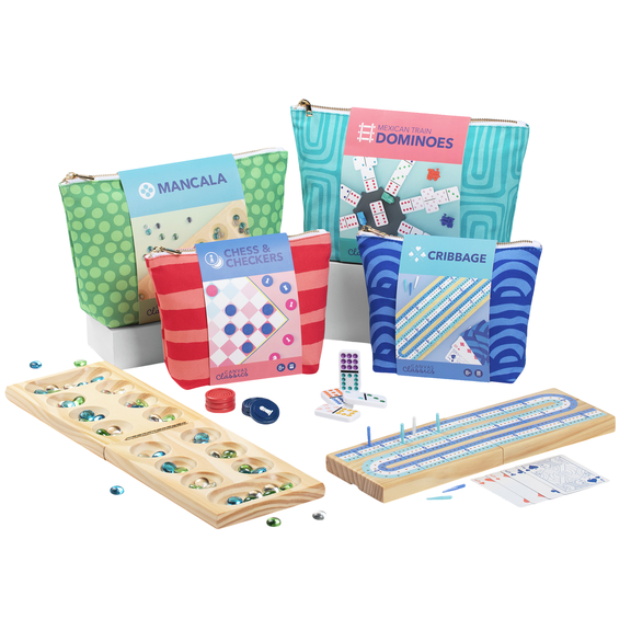 WS Game Company Canvas Classics Travel Game Collection - 4 Classic Portable Games in Zippered Canvas Pouches: Chess and Checkers, Mancala, Cribbage, and Dominoes, for 2 to 6 Players Age 8 and Up