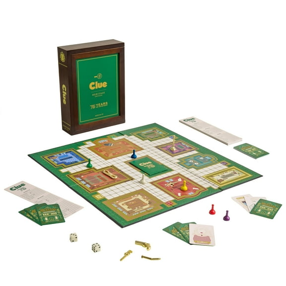 WS Game Company Clue Heritage Edition  Classic Family Mystery Board Game with Wooden Storage Box, Premium Die-Cast Weapons, and Vintage Design