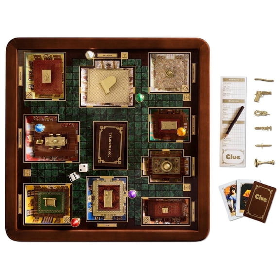 WS Game Company Clue Luxury Edition Board Game with Burl Wood Cabinet, Gold-Plated Accessories, and Faux Leather Storage, Family Board Games for 3 to 6 Players