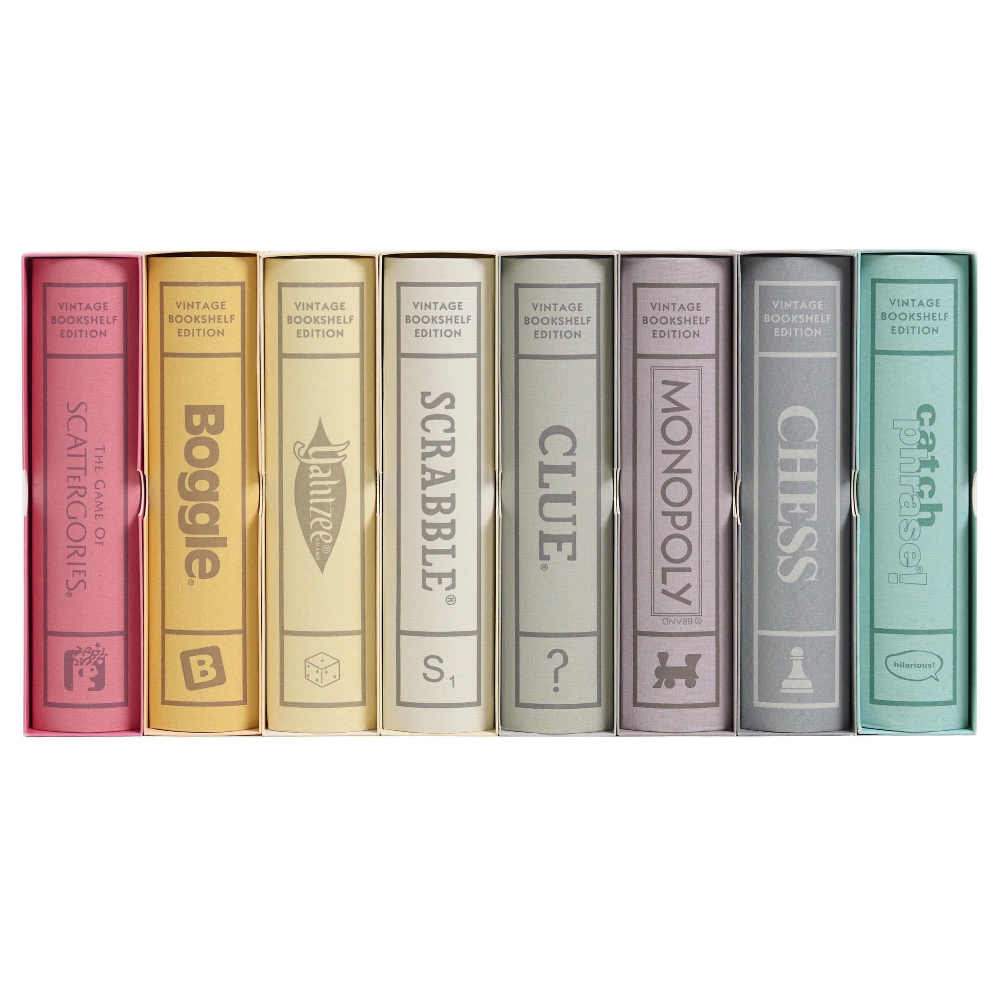 WS Game Company Collection of 8 Vintage Bookshelf Edition Board Games Including Scrabble, Monopoly, Clue, Yahtzee, Catch Phrase, Chess, Scattergories, and Boggle