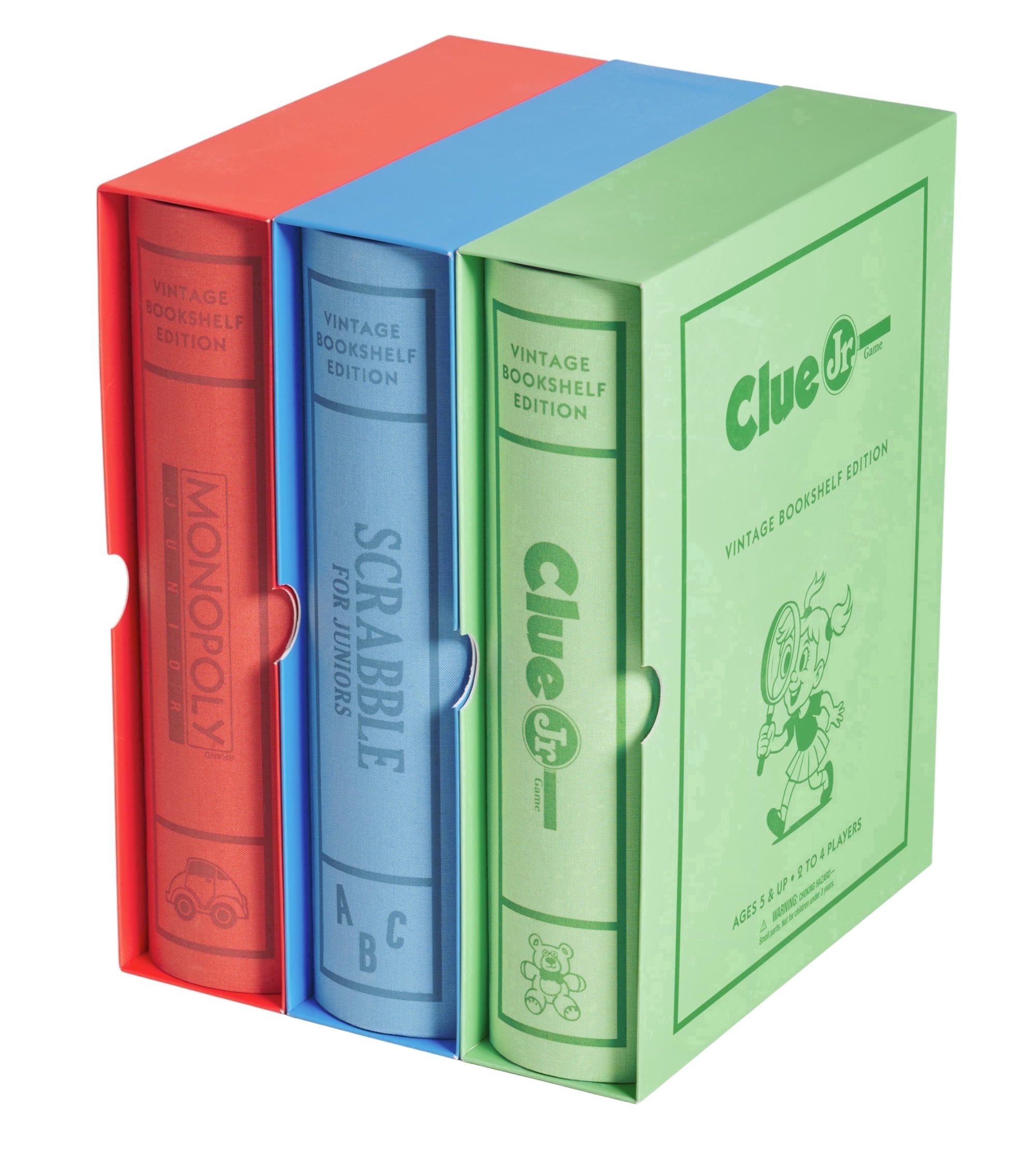 WS Game Company Junior Vintage Bookshelf Edition 3-Pack Bundle – Monopoly Junior, Scrabble for Juniors, and Clue Jr. – Premium Fabric Wrapped Book Storage - Board Games for Kids Ages 5+