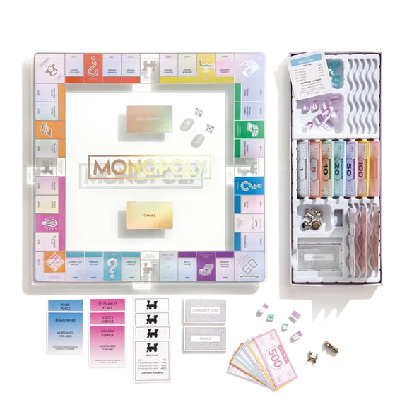 WS Game Company Monopoly Aura Edition Premium Iridescent Tempered Glass Game Board, Crystal-Clear Houses & Hotels, Metallic Tokens, Luxe Storage Tray Family Classic for 26 Players, Ages 8+